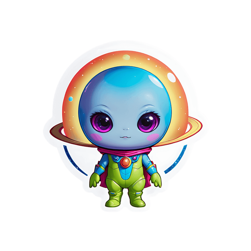 Blue alien sticker character wearing a green jumpsuit and pink scarf standing before glowing planetary rings.