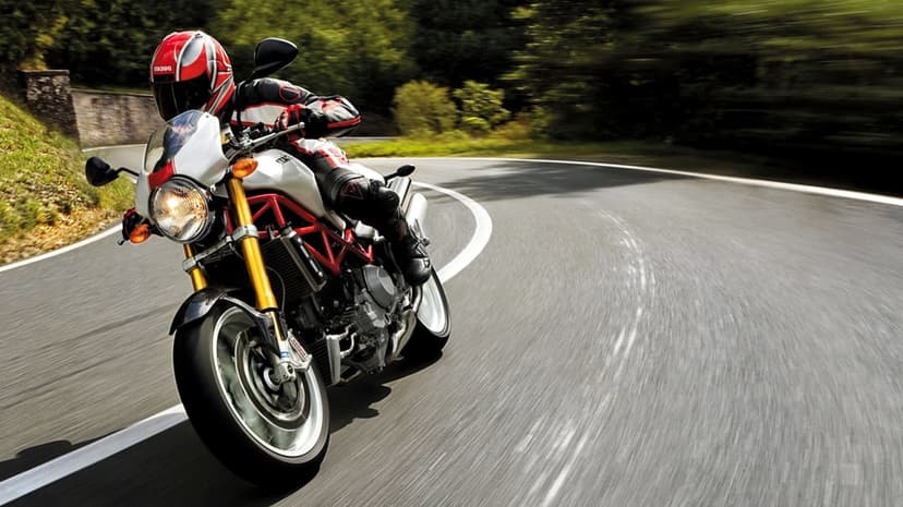 Ducati motorcycle rider leaning into a curve on a winding forest road with motion blur and golden forks.