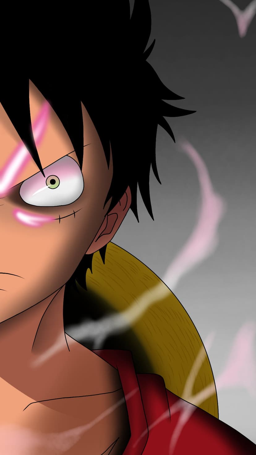 Monkey D. Luffy with glowing pink eyes and a straw hat against a dark smoky background in a vertical portrait.