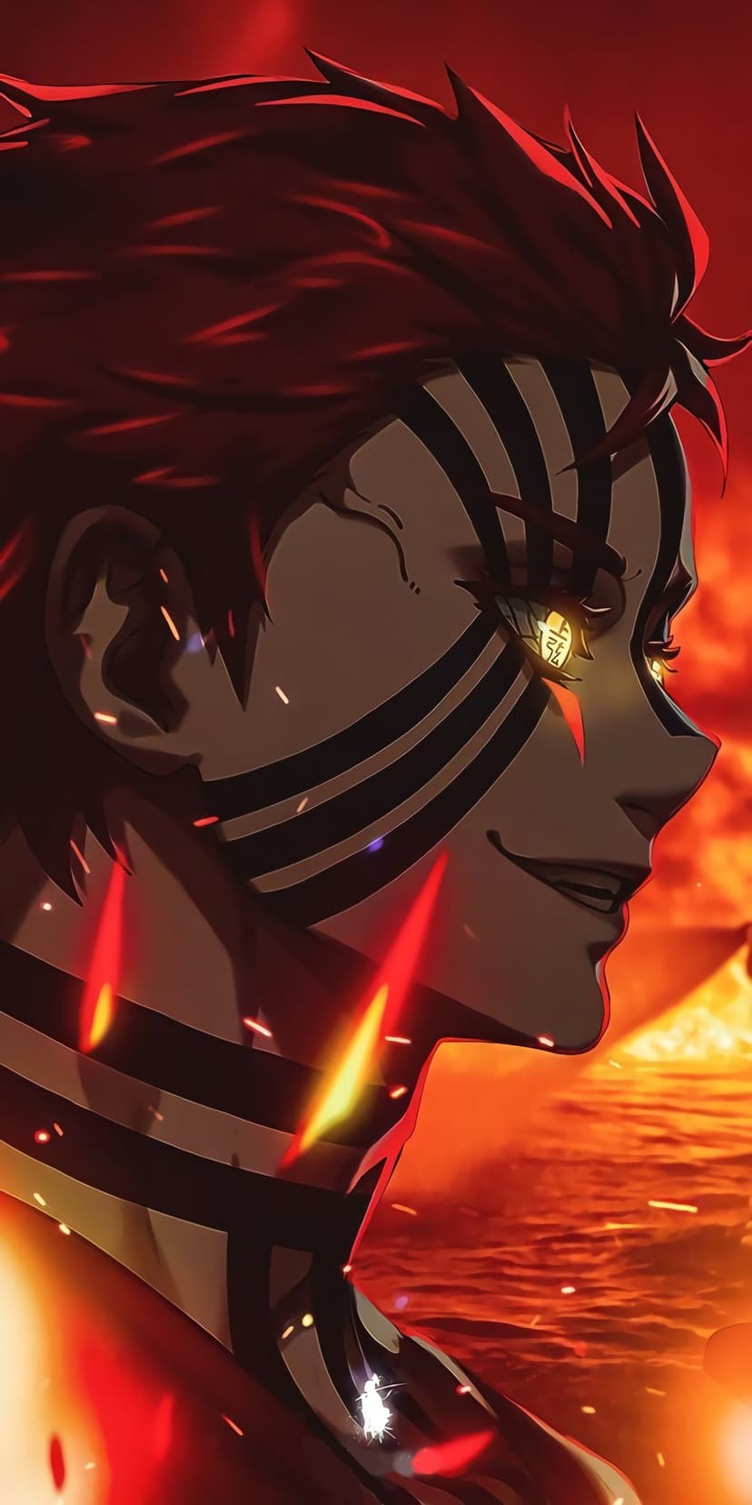Akaza with pink hair and black facial markings stares forward against a backdrop of glowing red sparks and fire.