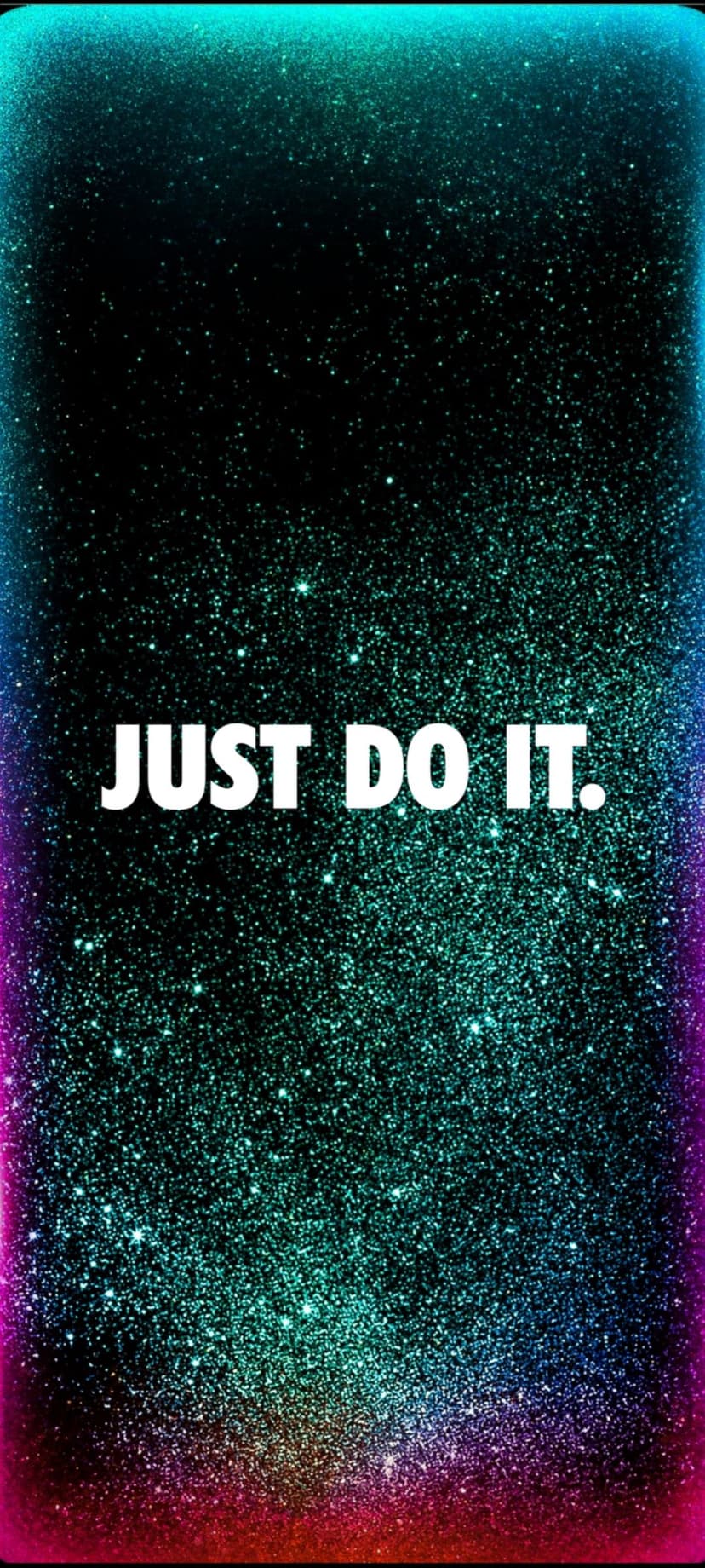 White Nike Just Do It text centered over a shimmering teal and purple galaxy with sparkling glitter accents.
