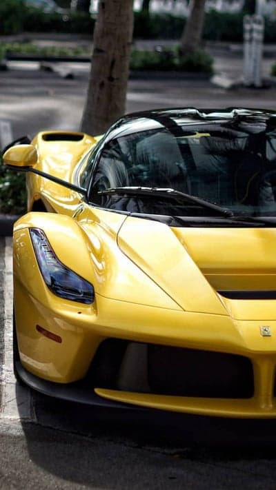 Yellow Ferrari LaFerrari parked outdoors with trees