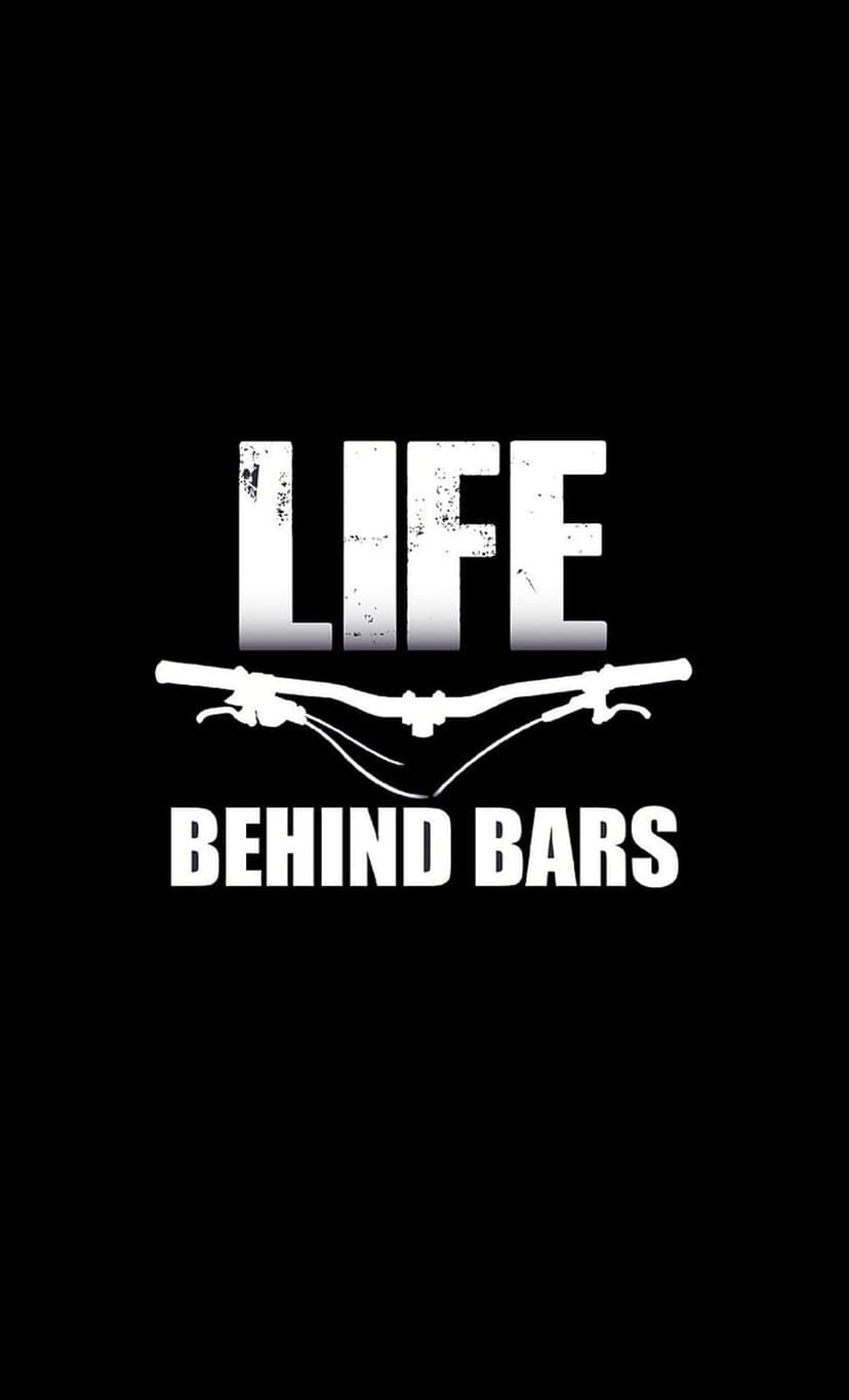Mountain bike handlebars sit between bold white text on a solid black background in this vertical layout.