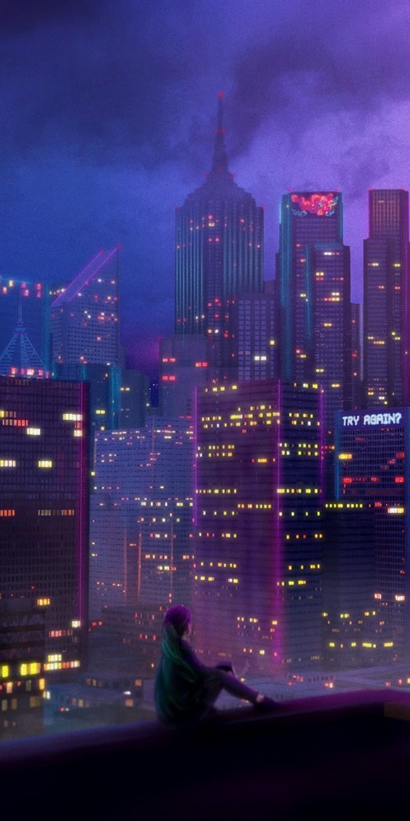 A person sits on a rooftop overlooking a futuristic city glowing with pink and purple neon lights at night.