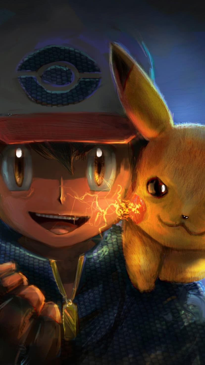 Ash Ketchum with glowing eyes stands beside a sparking Pikachu amidst crackling blue and yellow lightning bolts.