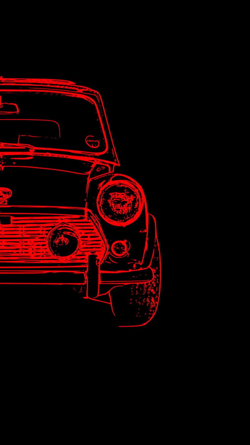 Classic Mini Cooper front quarter view rendered in glowing red outlines against a dark black background.