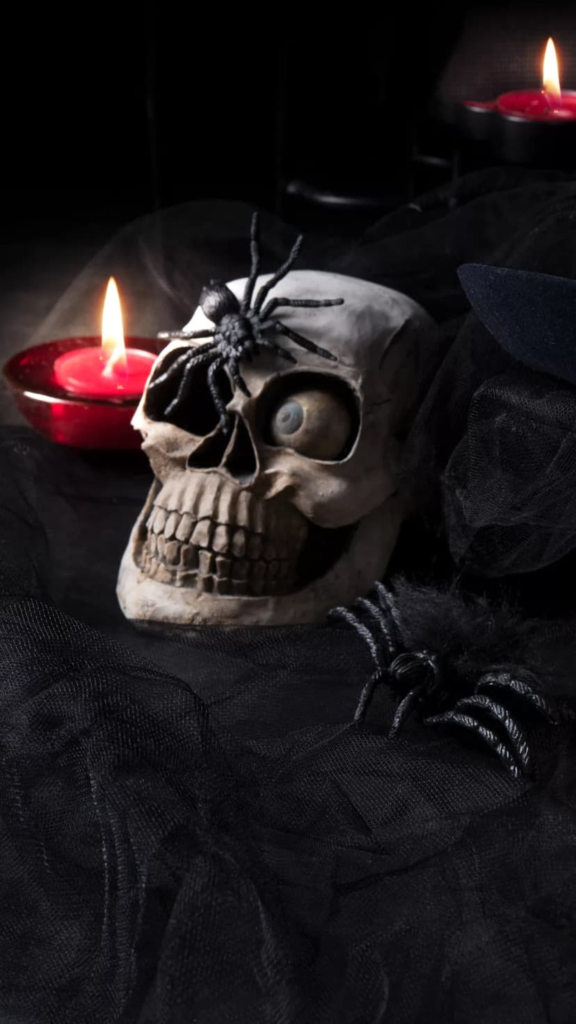 Human skull with black spiders crawling on dark netting next to a glowing red candle in a dim gothic setting.