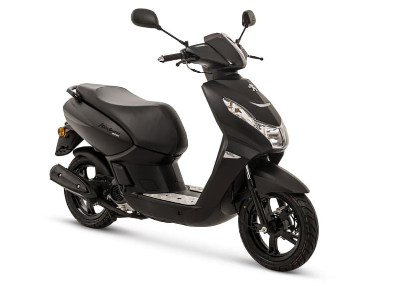 Matte black Peugeot Kisbee scooter with alloy wheels and sleek bodywork on a plain white background.