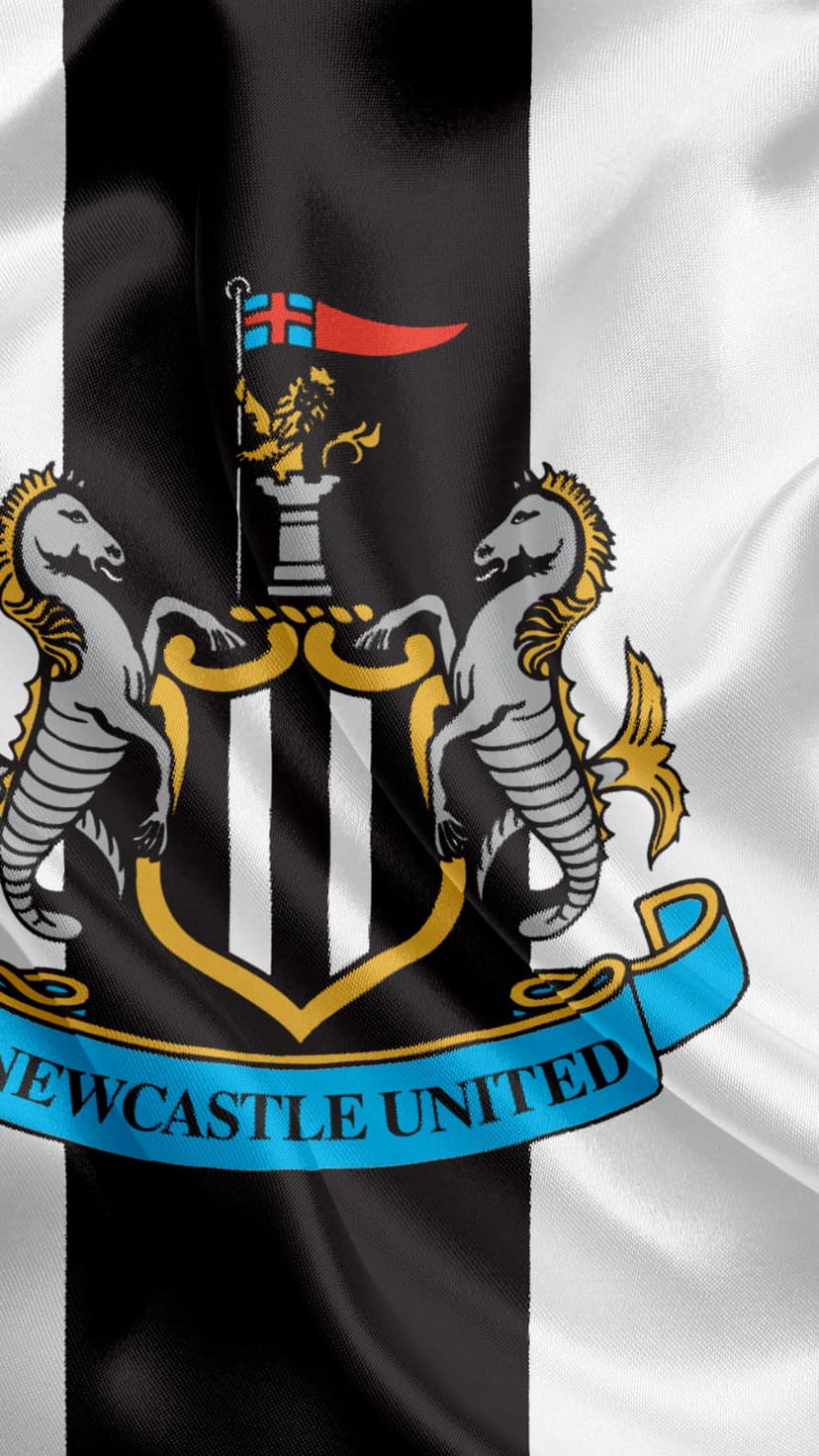 Newcastle United crest with seahorses and black stripes on a rippling satin flag for a vertical mobile display.