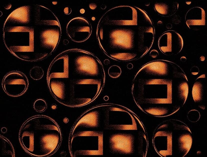 Glowing amber circles with grid-like interior patterns cluster together against a solid black background.