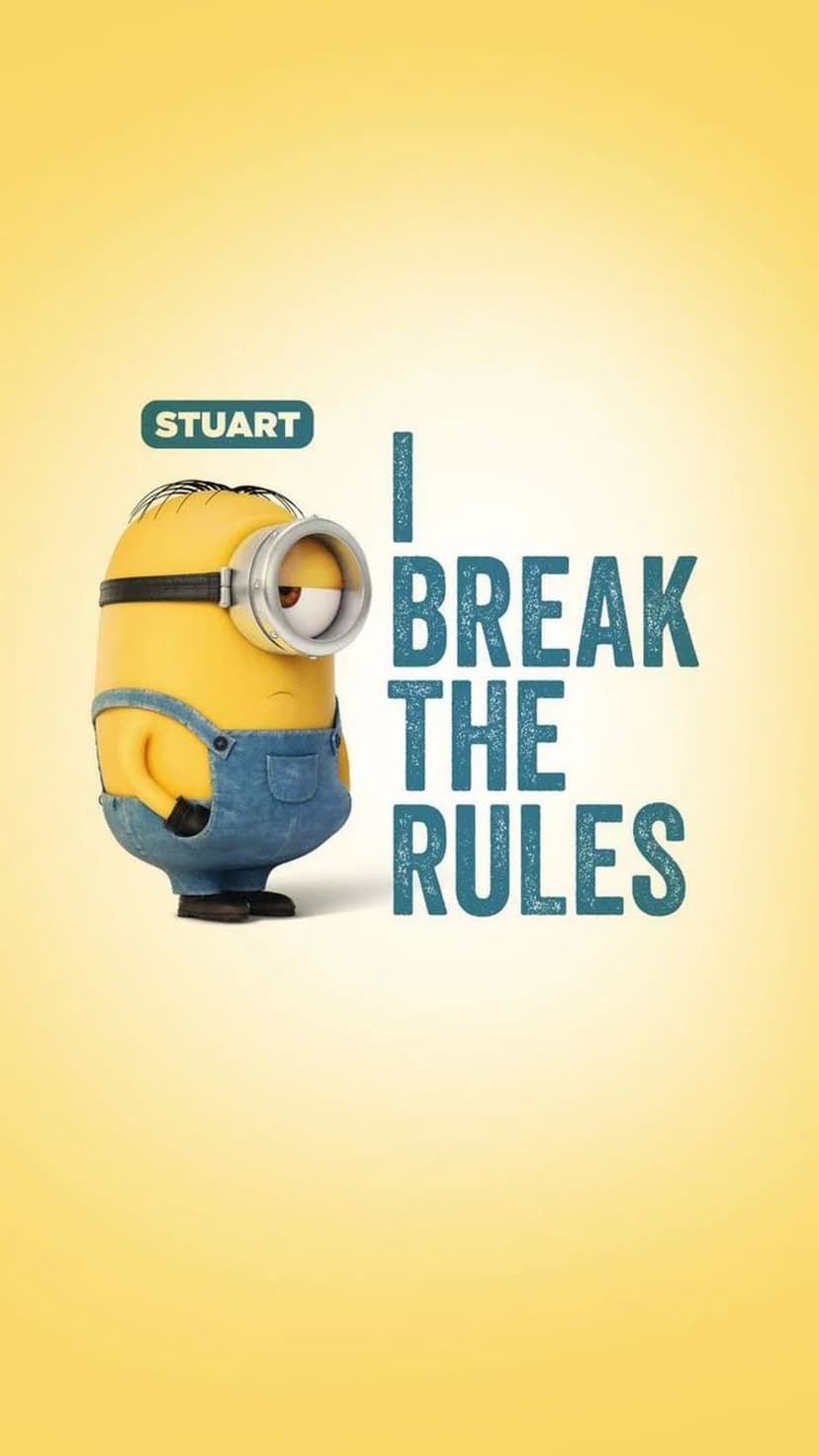 Stuart Minion wearing goggles and denim overalls stands beside the text I Break The Rules on a solid background.
