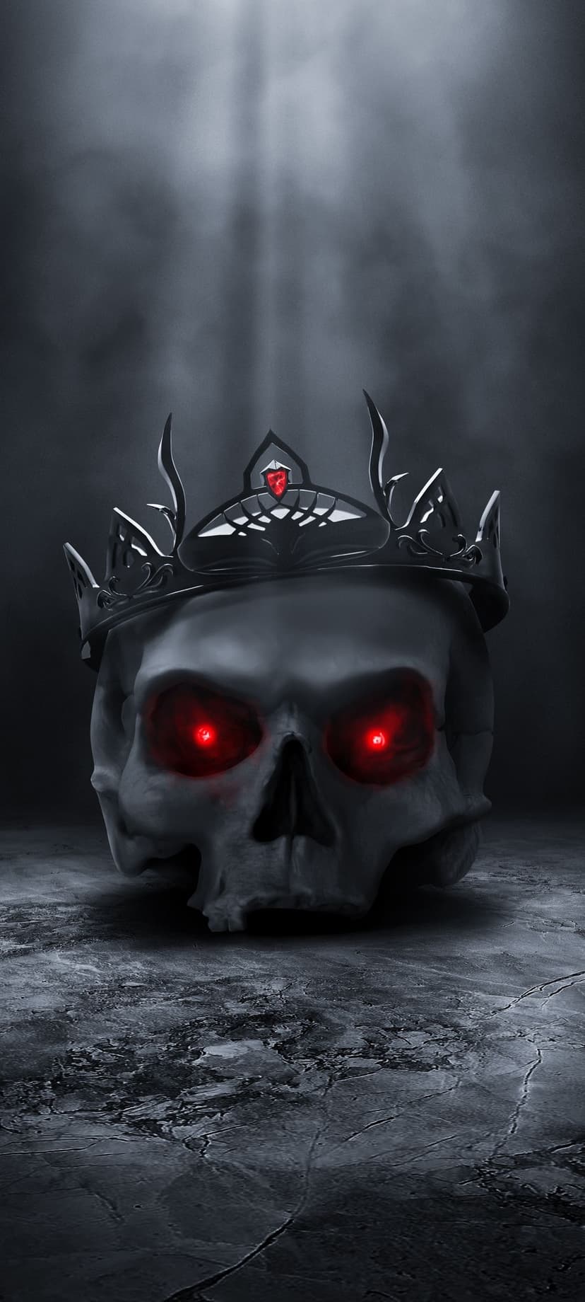 Weathered skull wearing a spiked black crown with glowing red eyes amidst thick smoke and dramatic light rays.