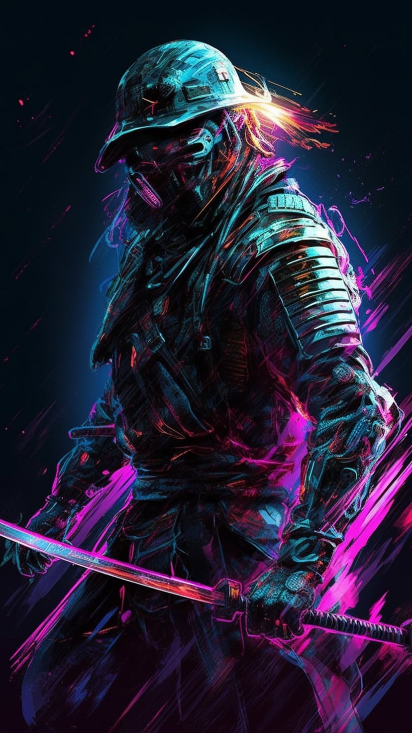 Cyberpunk samurai in mechanical armor holds a glowing pink katana against a dark neon city background.