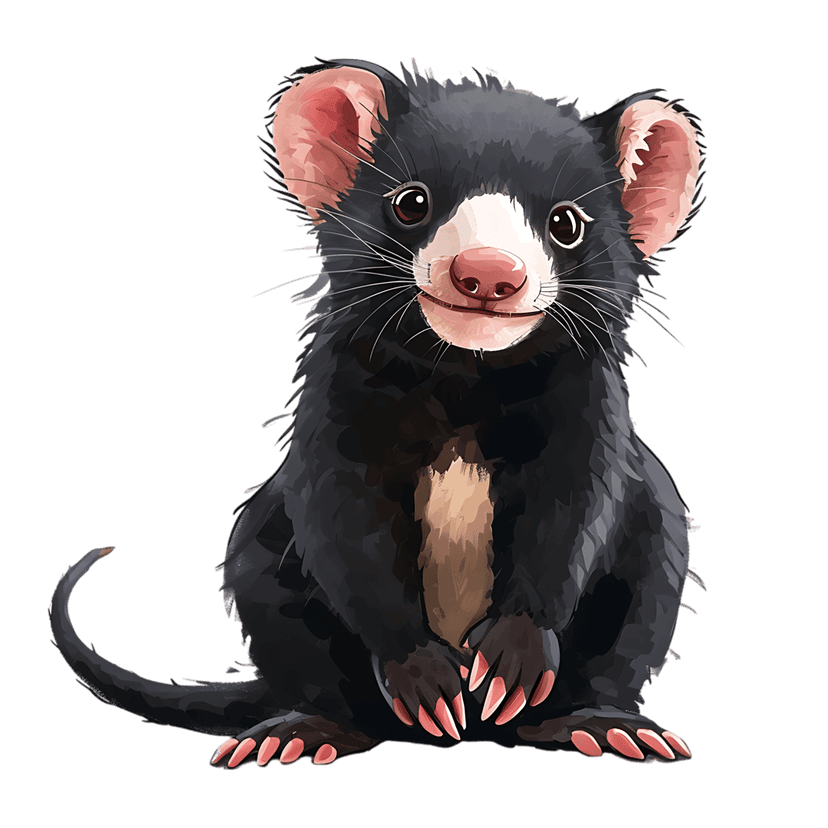 Tasmanian devil character sitting with black fur, pink ears, and white chest stripe on a dark background.