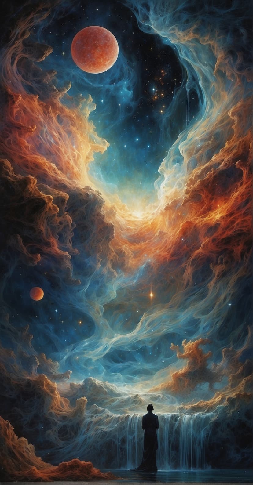 Solitary silhouette standing before a cascading celestial waterfall under orange and blue nebulae with planets.