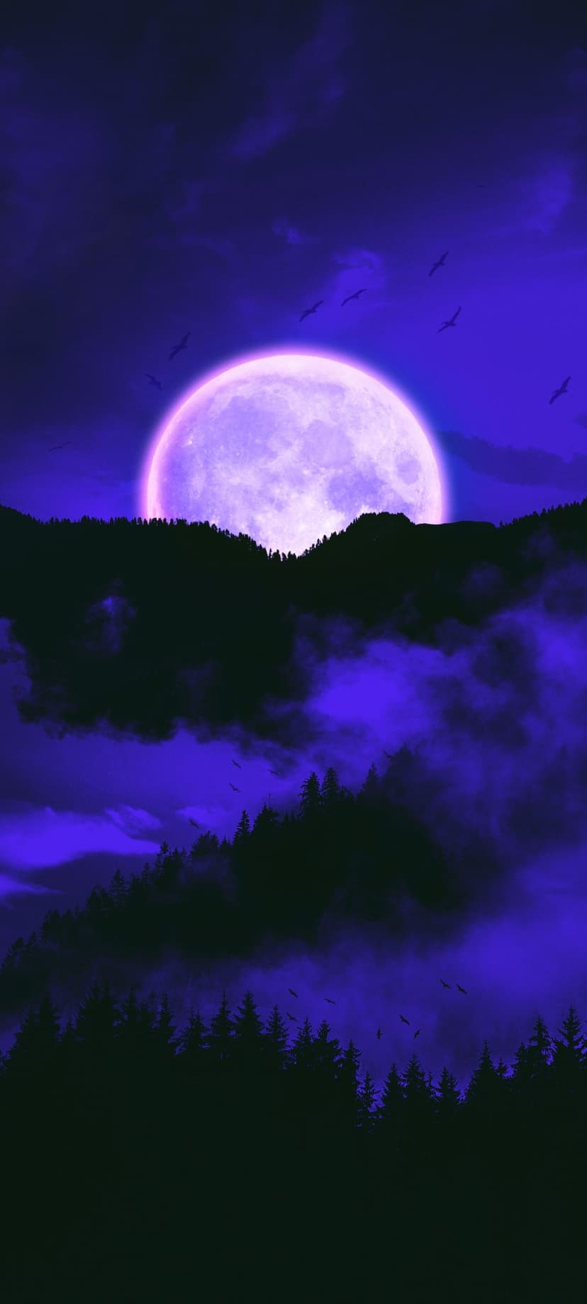 Giant purple moon rising over silhouetted pine forests and craggy mountains with birds in a dark violet night sky.