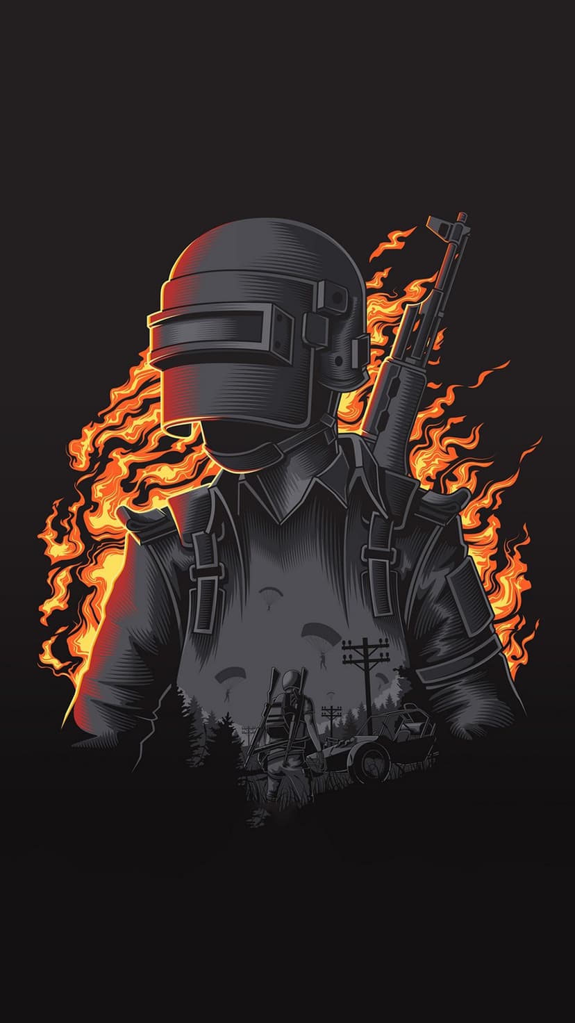 Helmeted soldier holding an assault rifle stands amidst orange flames with a buggy in a misty forest background.
