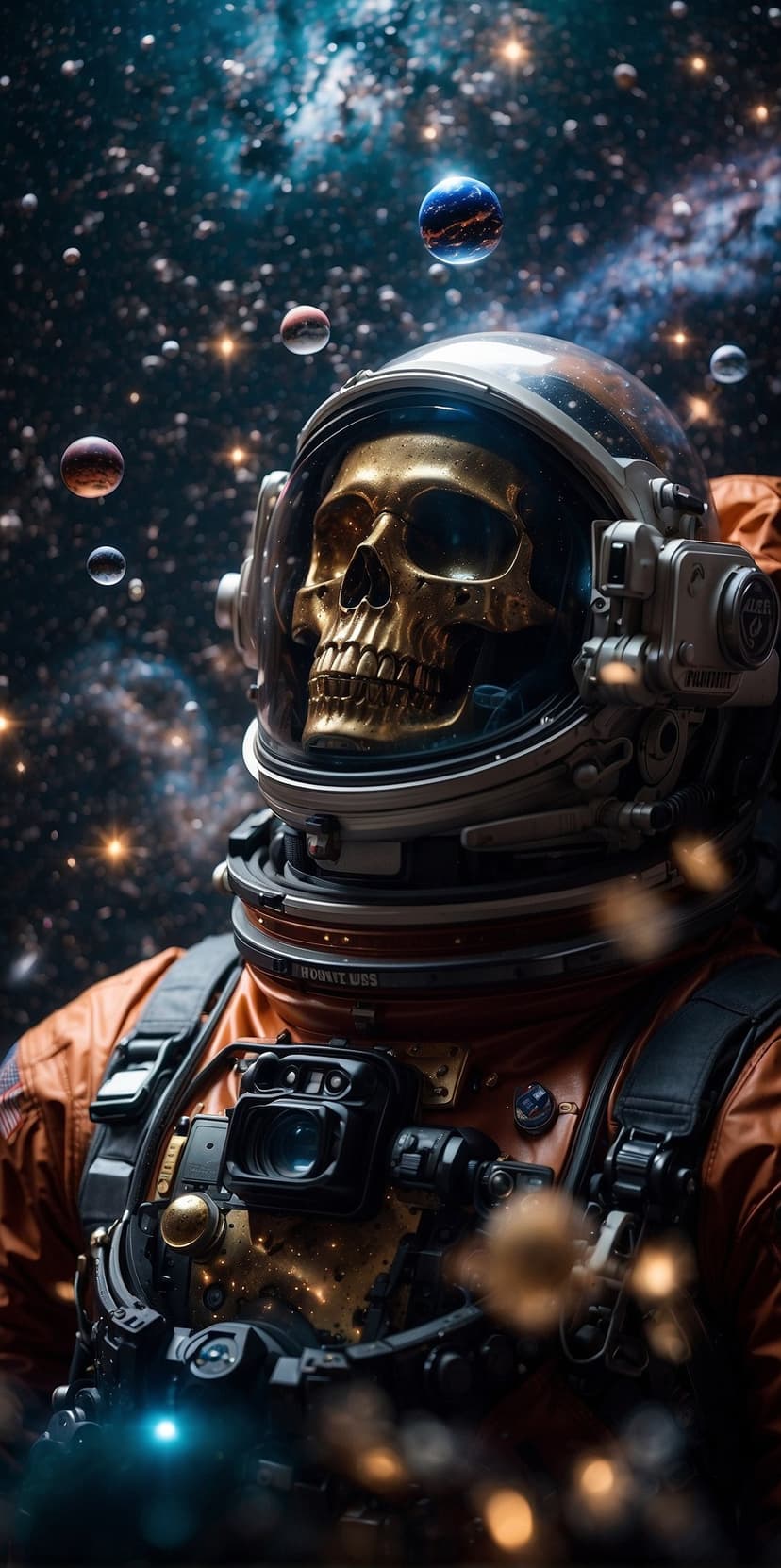 Golden skull astronaut in a detailed suit floating amidst a vibrant purple nebula with distant planets and stars.
