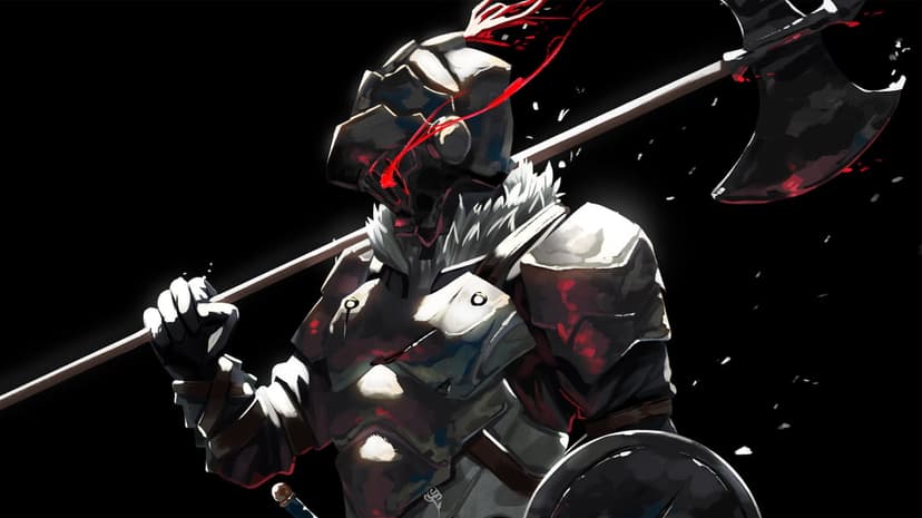 Goblin Slayer armored warrior wields a large axe in a dark fantasy setting with cinematic lighting effects.