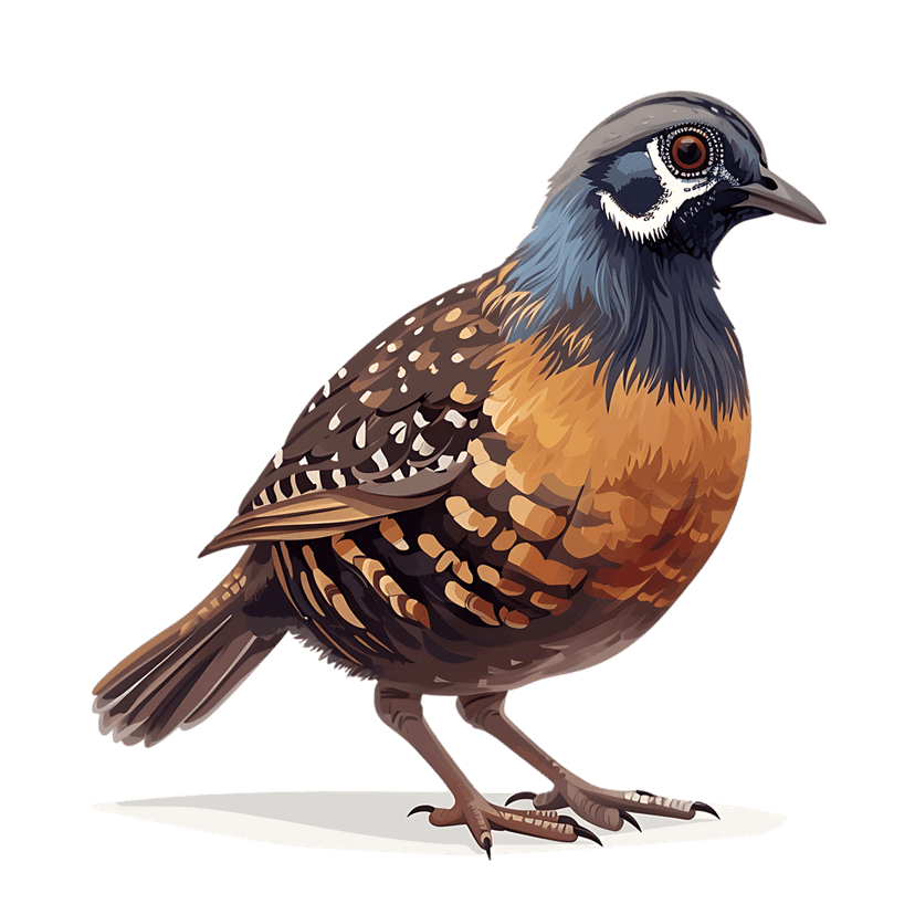 Detailed bird illustration with speckled orange feathers and a blue-grey head shown in a profile view pose.