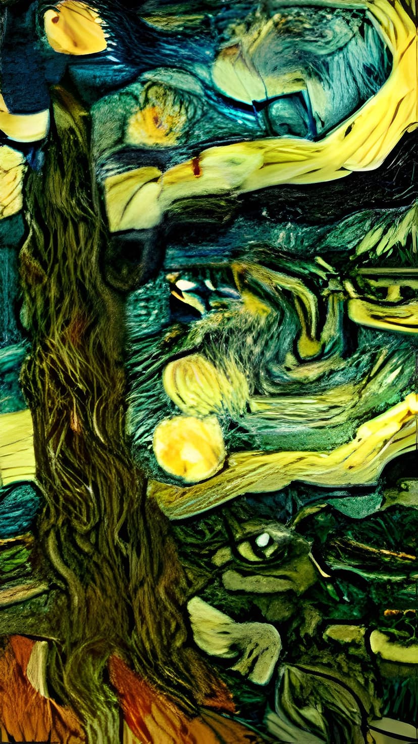 Luminous yellow orbs swirl through a deep blue sky above a dark, textured tree silhouette in a rhythmic landscape.