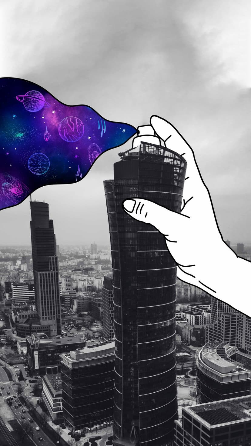 Spray can emitting a colorful nebula and planets over a black and white urban skyline with towering buildings.