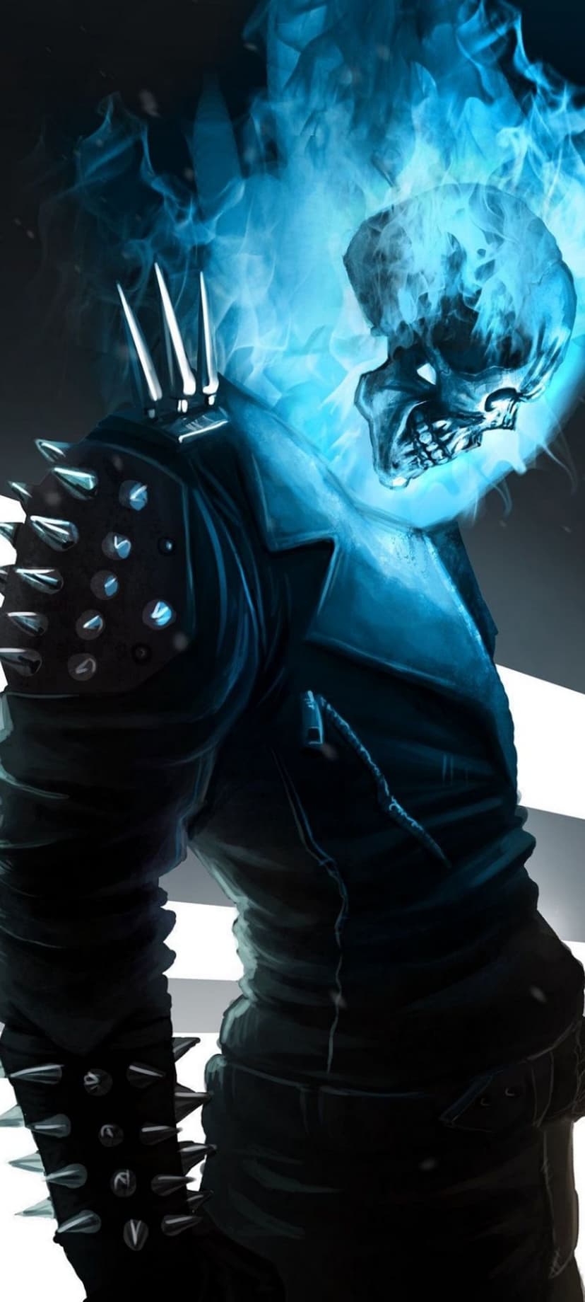 Ghost Rider with a skull engulfed in blue fire wearing a black leather jacket with silver metal spikes.