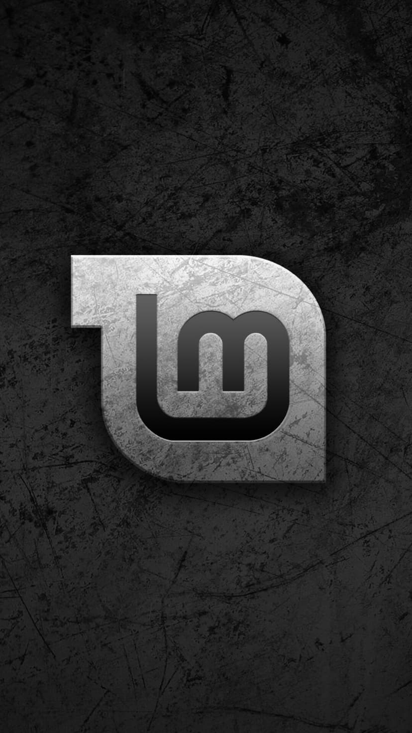 Linux Mint logo with a brushed silver metallic texture centered on a dark, scratched industrial background.