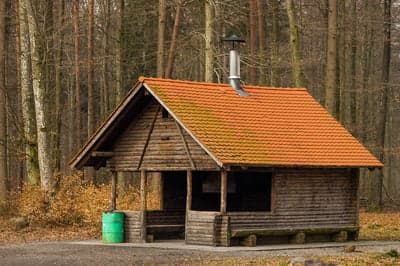 Rustic Forest Cabin with Orange Tiled Roof and Chimney