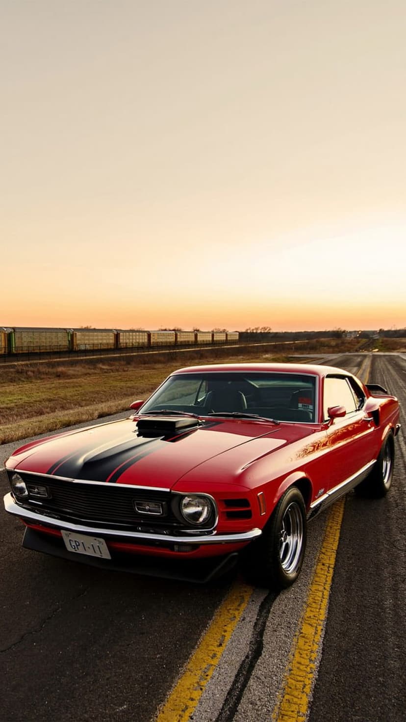 Red 1970 Mustang Mach 1 on an asphalt road with a freight train in the background during a golden sunset.