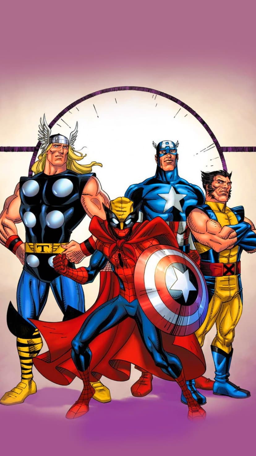 Thor, Captain America, Spider-Man, and Wolverine stand before a large circular graphic on a dark background.