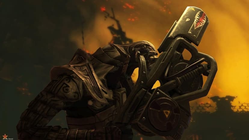 Arbiter in detailed armor holding a shark-mouth weapon against a fiery orange smoky battlefield.