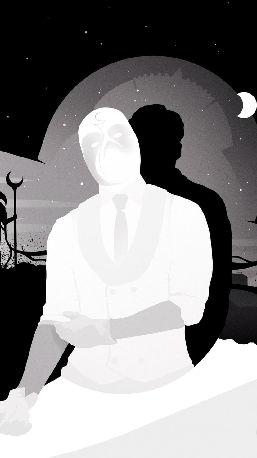 Moon Knight in a white suit overlays a dark silhouette against a starry night sky with a crescent moon.