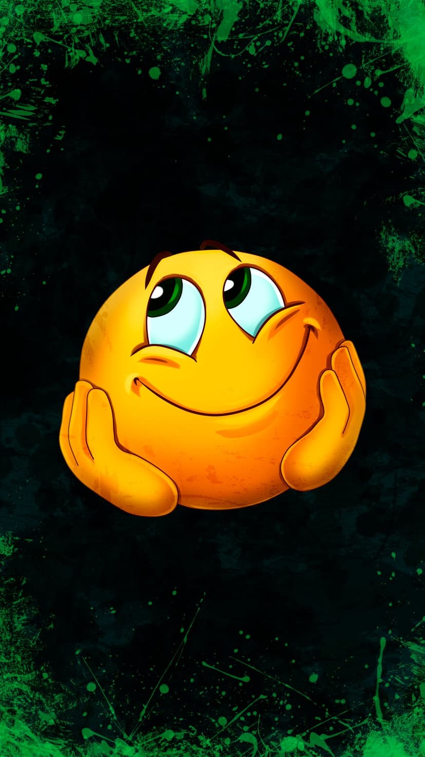 Smiling yellow emoji resting its head on its hands against a dark background with vibrant green paint splatters.