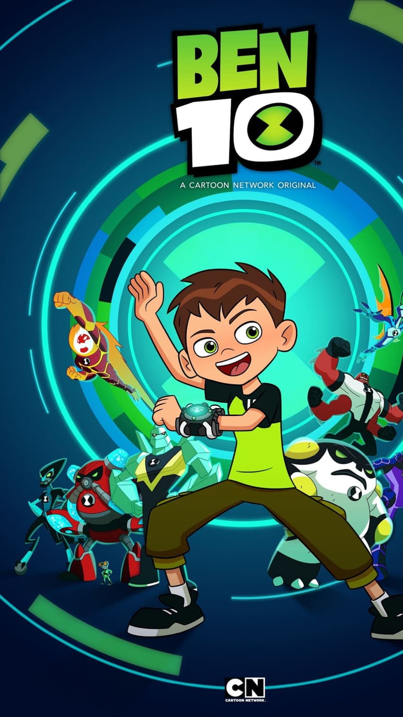Ben Tennyson stands with Heatblast, Four Arms, and Diamondhead against a glowing green cosmic energy swirl.