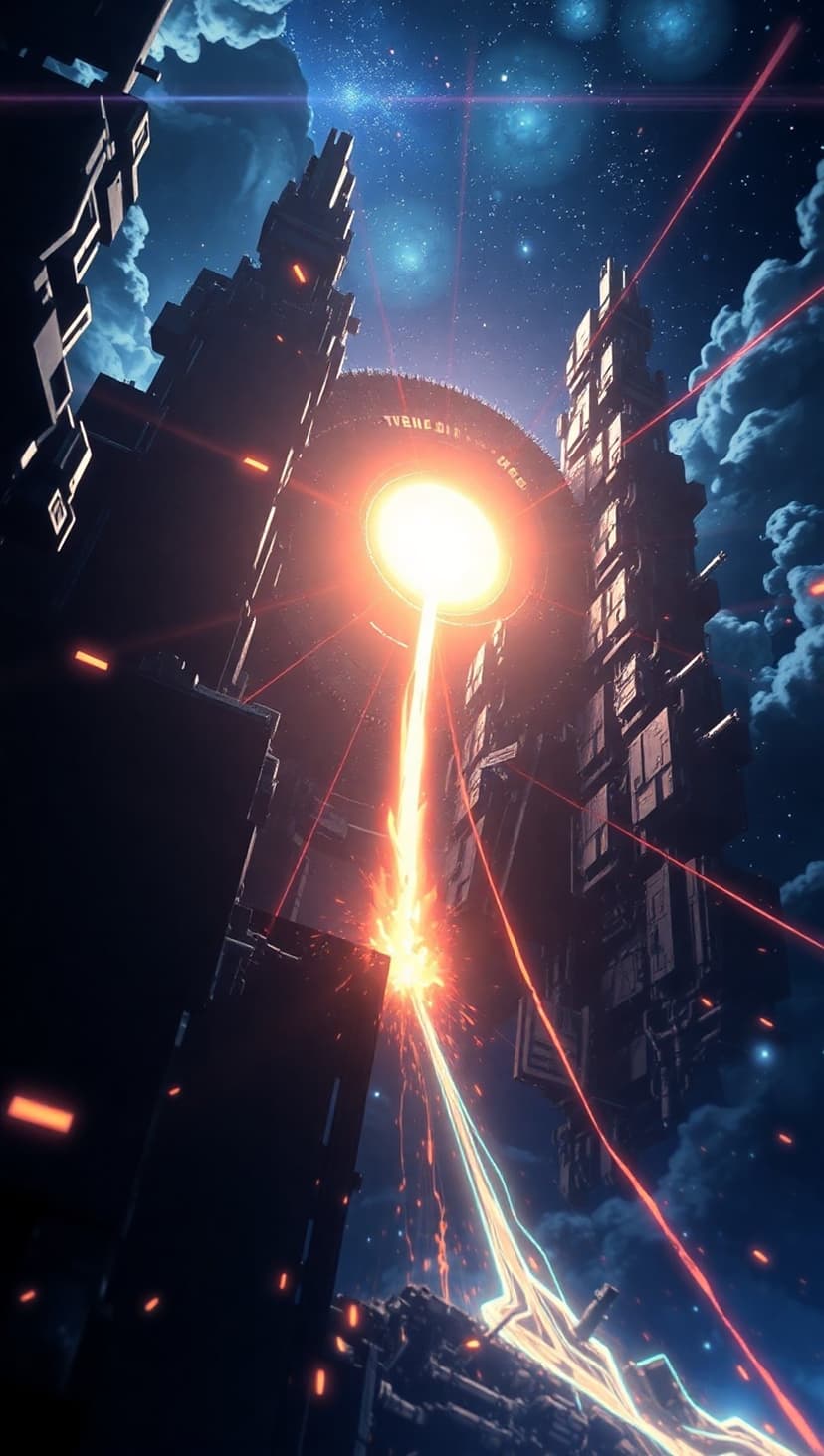 Massive orbital ring structure emitting a bright yellow energy beam amidst red lasers and cosmic nebulae.