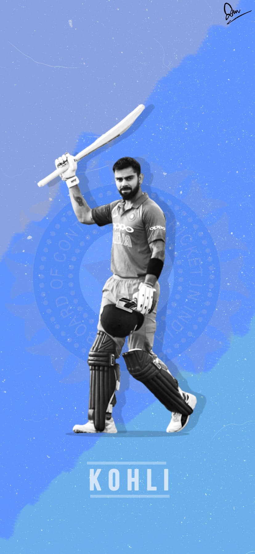 Virat Kohli raises a cricket bat in a white jersey against a textured blue backdrop with bold white lettering.