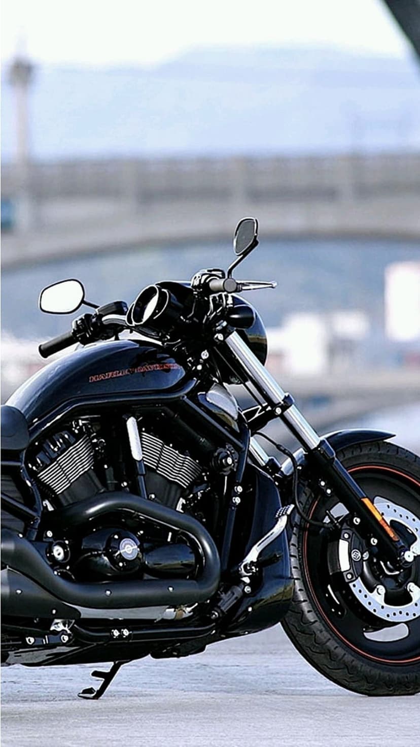 Black Harley-Davidson motorcycle front engine and chrome handlebars parked on concrete before a blurred bridge.