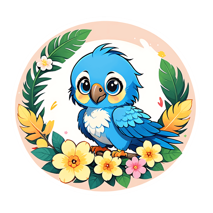 Blue parrot sticker showing a fluffy white chest bird perched on a floral branch inside a pink circular frame.