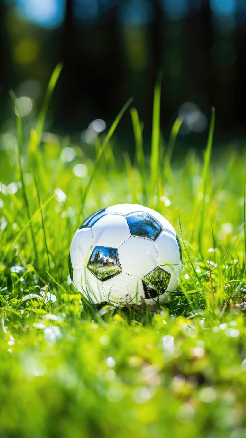 Black and white soccer ball nestled in tall green grass with small white flowers under bright summer sunlight.