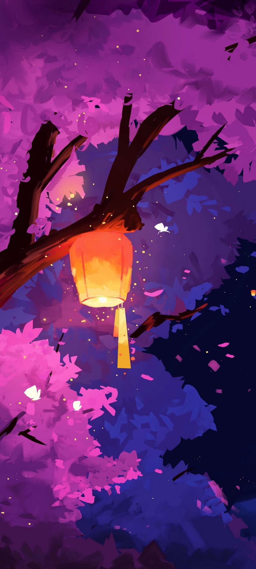 Cherry blossom tree with a glowing paper lantern stands under a violet starry sky with falling pink petals.