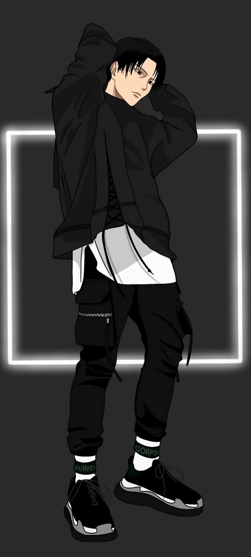 Anime character in a black hoodie and cargo pants stands inside a glowing white neon square on a dark background.