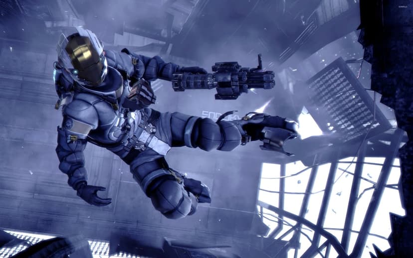 Astronaut in a gray metallic suit floats in zero gravity while aiming a weapon in a dark space station.
