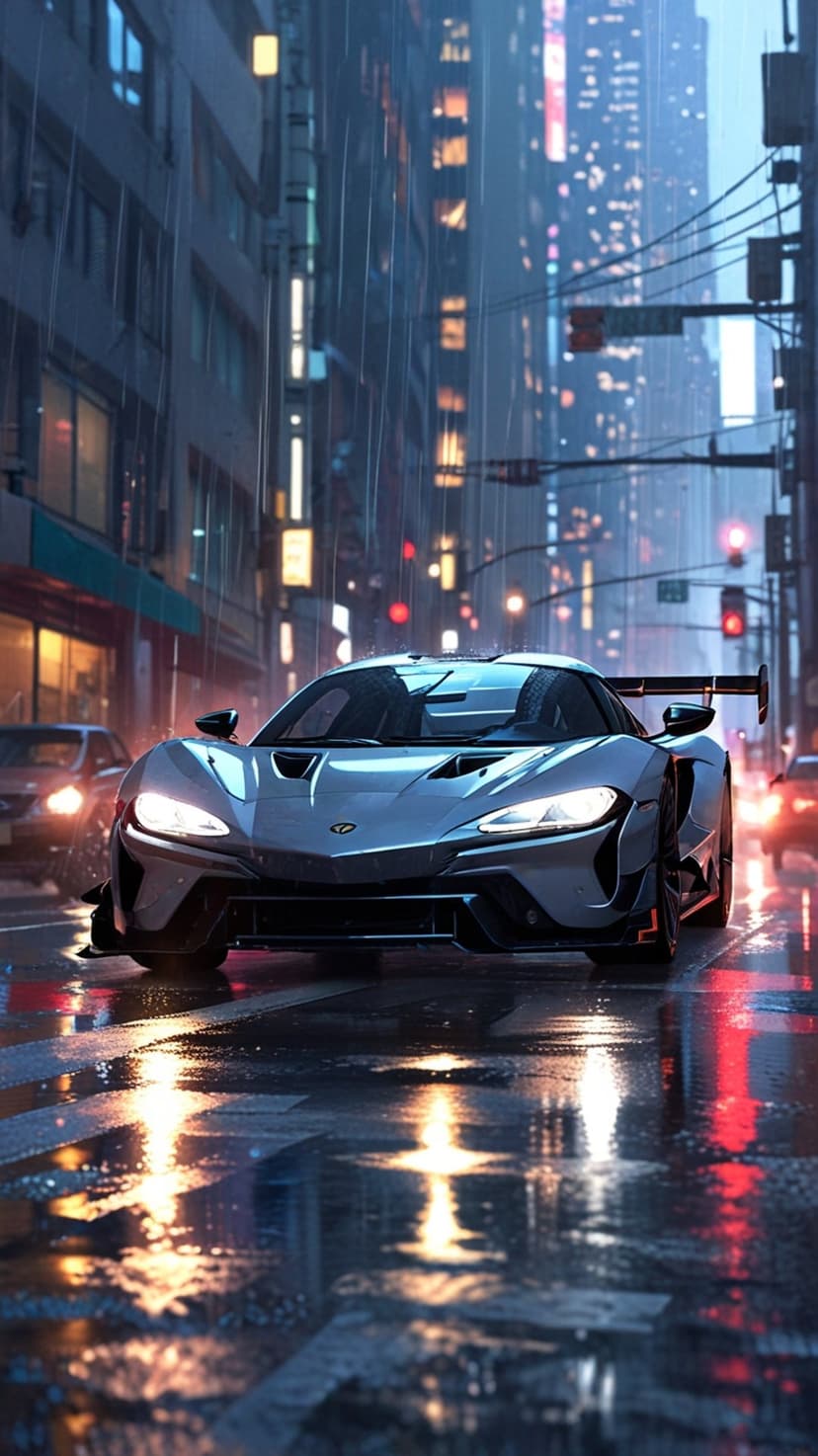 Silver supercar with glowing headlights speeds down a wet city road flanked by glowing neon skyscrapers.