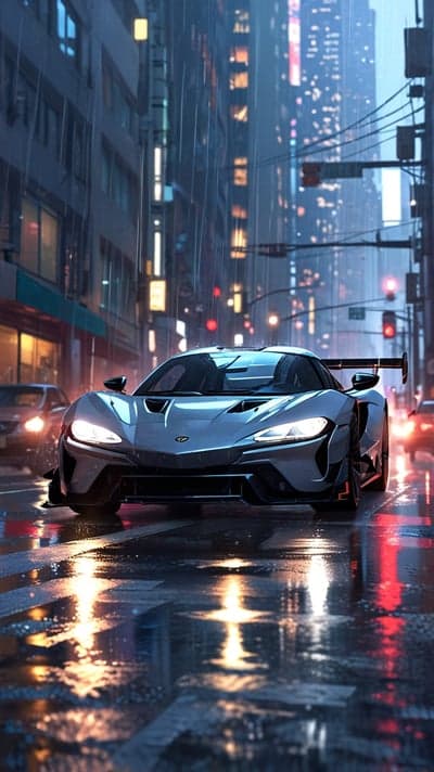 Silver Cyberpunk Supercar Rainy Neon City Phone Wallpaper