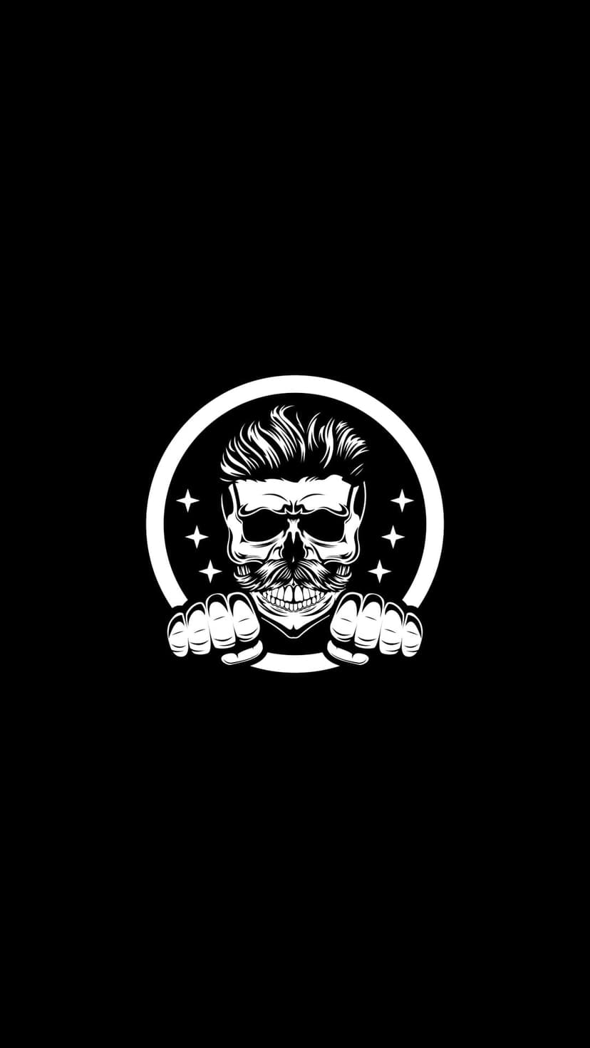 Skull with a pompadour and mustache clenching fists inside a circular frame with stars in black and white.