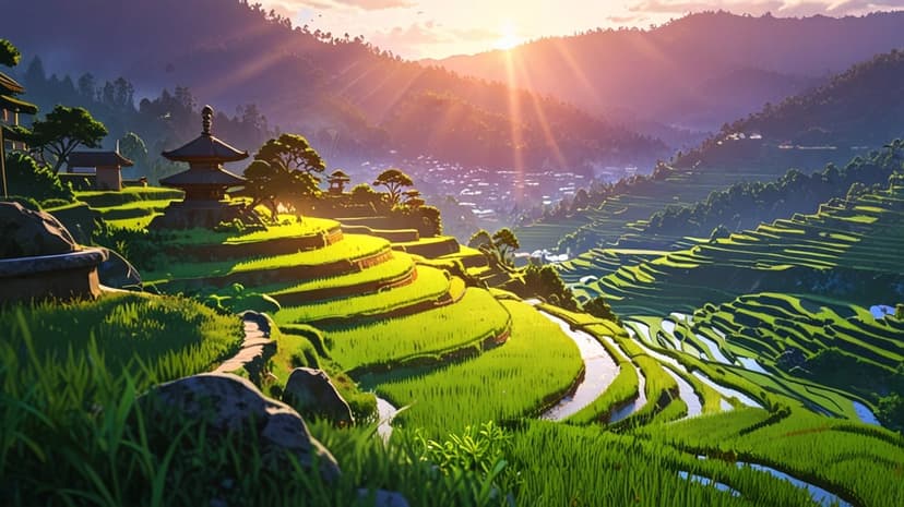Verdant rice terraces and a hilltop pagoda bask in golden sunrise light overlooking a misty valley village.