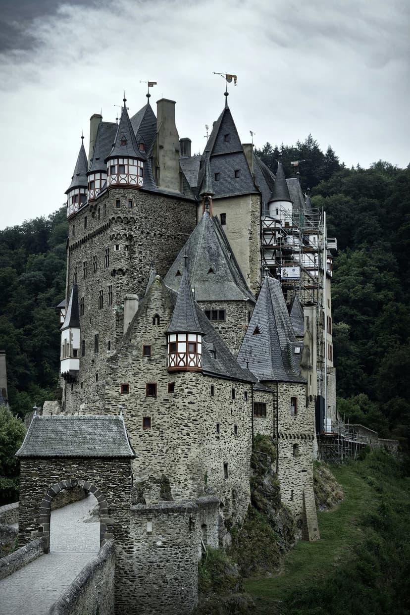 Burg Eltz medieval fortress featuring stone turrets and a bridge surrounded by a dense green forest under clouds.