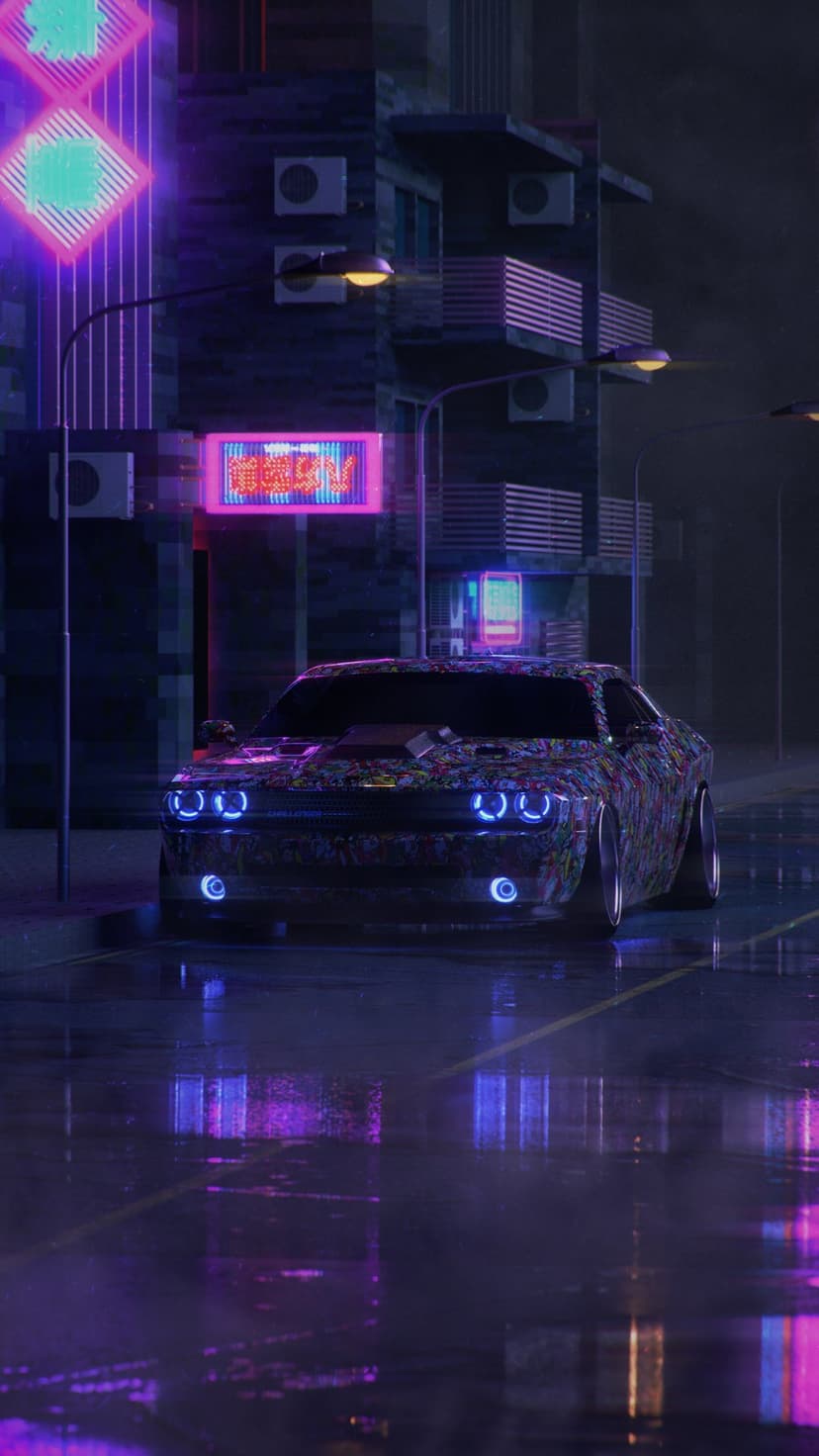 Dodge Challenger with colorful decals parked on a wet city street illuminated by blue and purple neon lights.