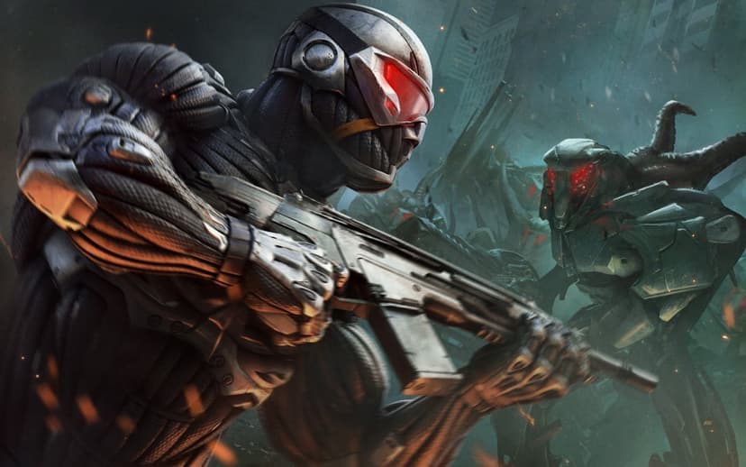 Sci-fi soldier in black exosuit with red visor holds rifle against alien enemy in smoky city ruins.